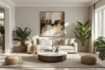 A beautifully decorated living room — warm neutral palette, layered textures, statement artwork, and lush indoor plants. Aspirational yet achievable. Natural daylight