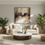 A beautifully decorated living room — warm neutral palette, layered textures, statement artwork, and lush indoor plants. Aspirational yet achievable. Natural daylight